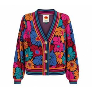 Farm Rio Daisy Retro Floral Colorful Cardigan Sweater Sz S Whimsical Art To Wear